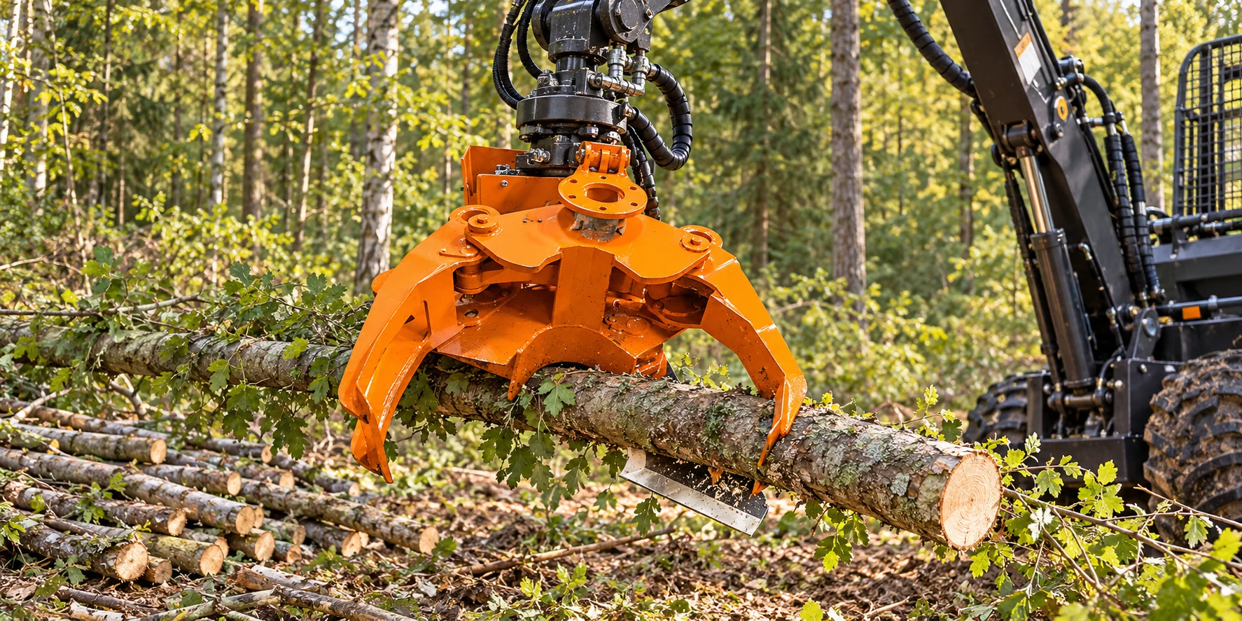 Energieholzernte mit einem kranmontierten Fällgreifer
