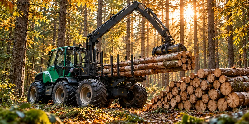 Forstmaschine beim Verladen von Baumstämmen im Wald